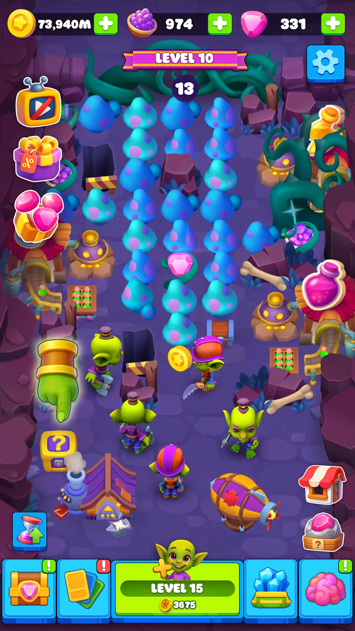 Schermata di gioco da Goblin Miner: Idle Merger, livello 10, goblin che scavano tra funghi ed ostacoli in una miniera viola e turchese