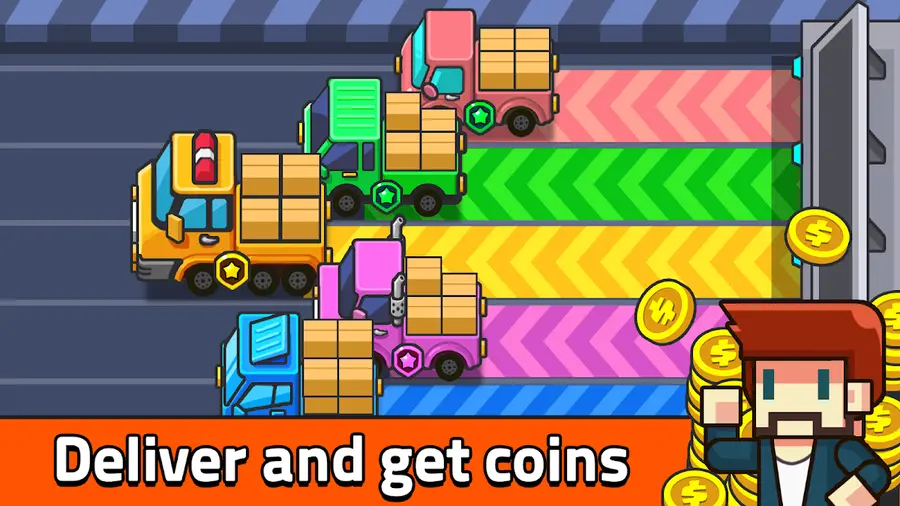 Schermata promozionale di My Factory Tycoon: catena Produzione, Imballaggio e Consegna con operai e camion colorati