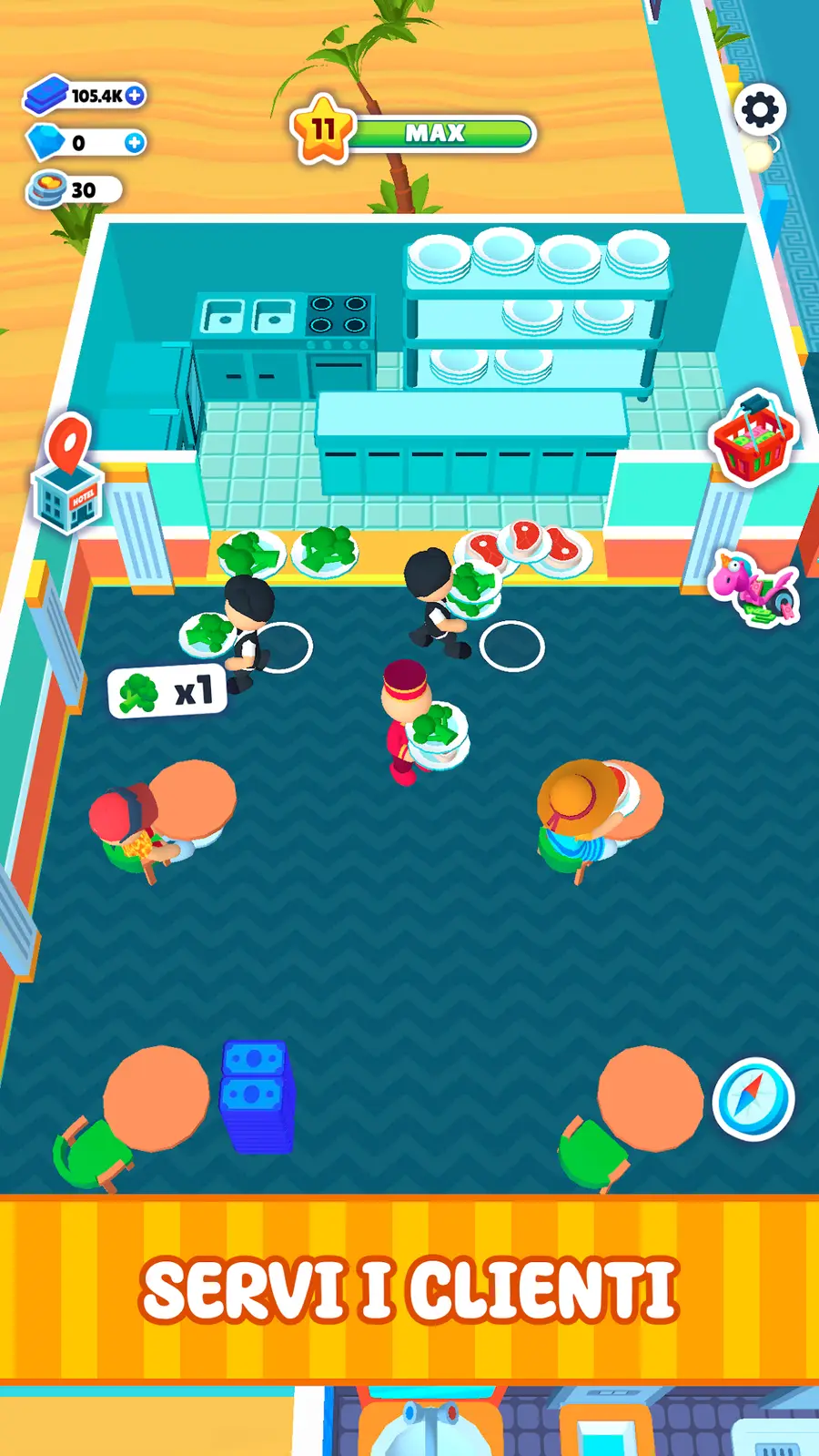Schermata di gioco da My Perfect Hotel: personale che serve piatti agli ospiti nel ristorante interno dell'hotel