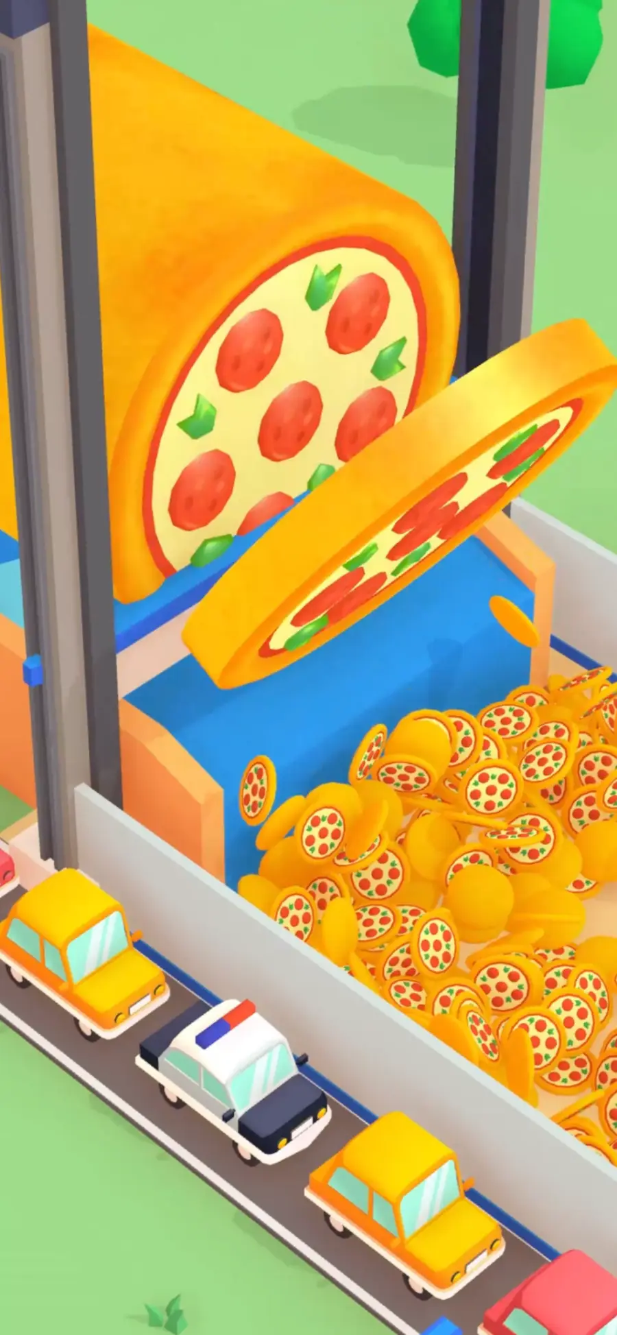Schermata di gioco da Pizza Ready!: macchina che sforna pizze impilate, camion e auto in coda per la consegna